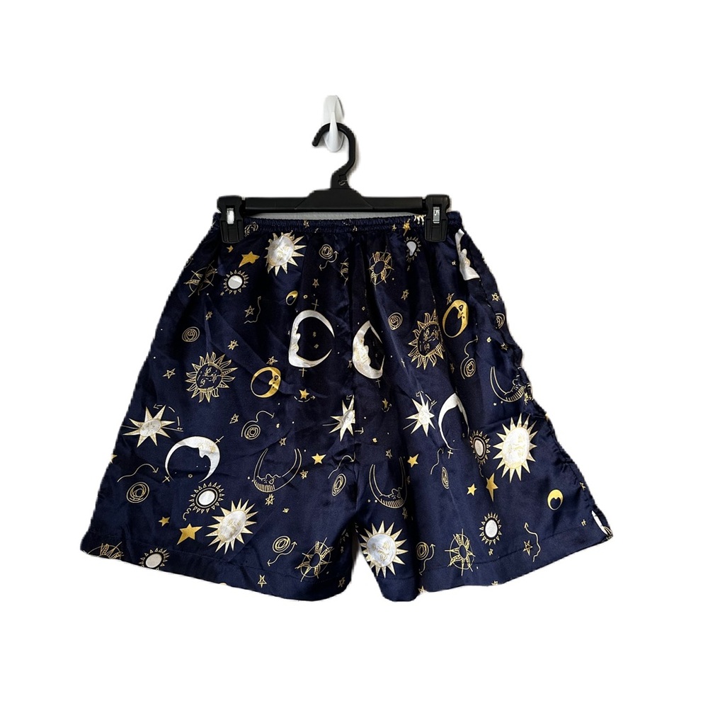 Dark Blue Satin Sun Moon And Stars Shorts
